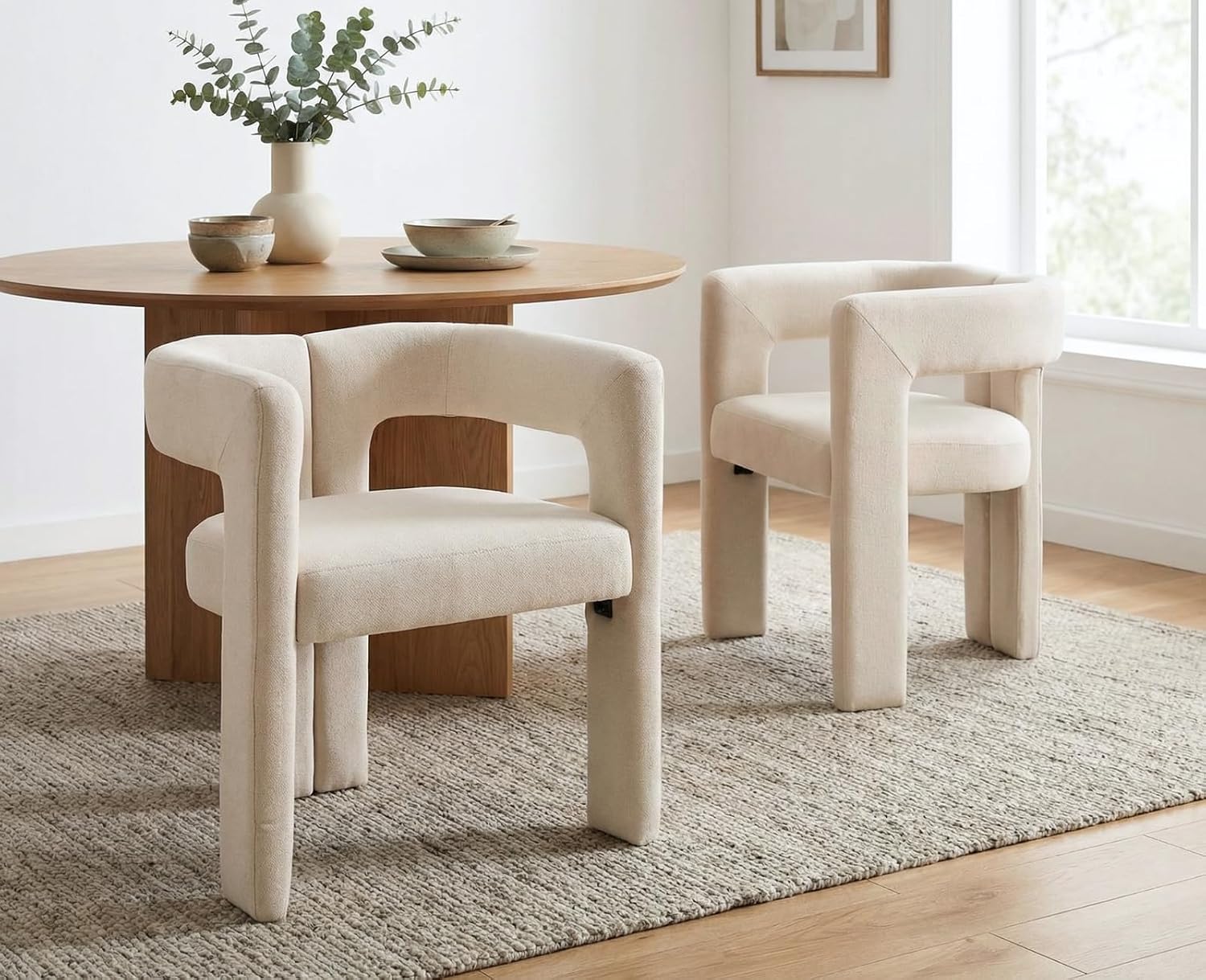 CIMOTA Modern Barrel Dining Chairs Set of 4, Linen Upholstered Accent Chairs with Arms/Open Back/Wood Legs, Designer Kitchen Chairs for Living/Reception/Dining Room, Beige