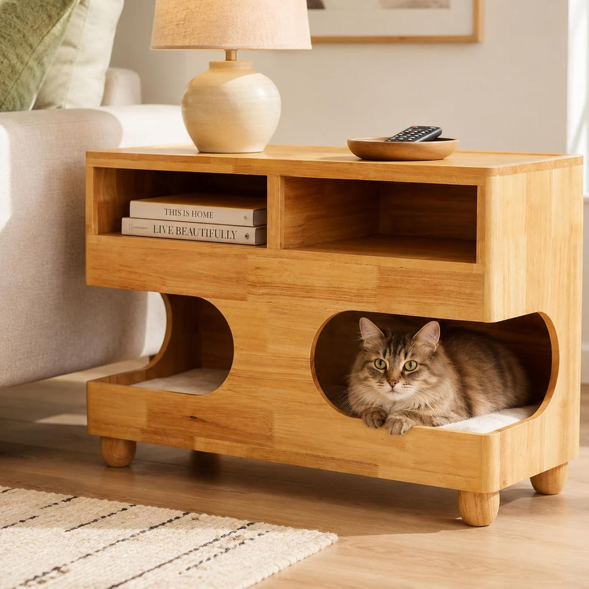 Brelice Sofa Armrest Side Table with Hidden Cat Bed and Storage, Chenille Couch Arm Rest Organizer for Sectional Sofa, Left/Right Side for Living Room