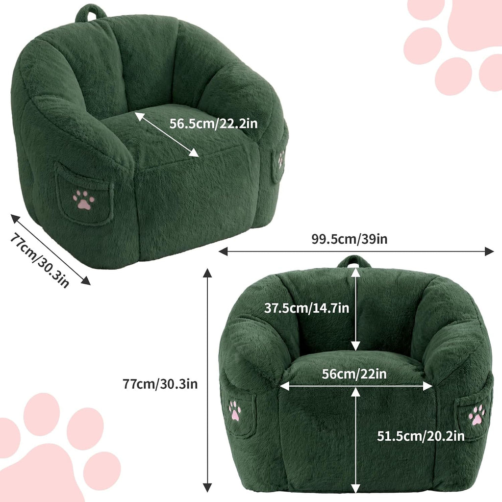 Vipbear Cat Paw Bean Bag Chair, Oversized Air-Cushion Sofa Chair Green | 39", air-cushion filling, cat paw Pocket, carry handle, oversized firm support, ergonomic, plush faux fur, gaming, reading