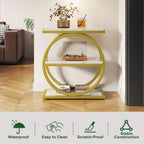 IBUYKE Narrow End Table with 3 Storage Shelves, Industrial Sofa Side Table, Double Round Metal Frames, Slim Nightstand and Bedside Table for Bedroom, Living Room, White with Gold UTMJ418G