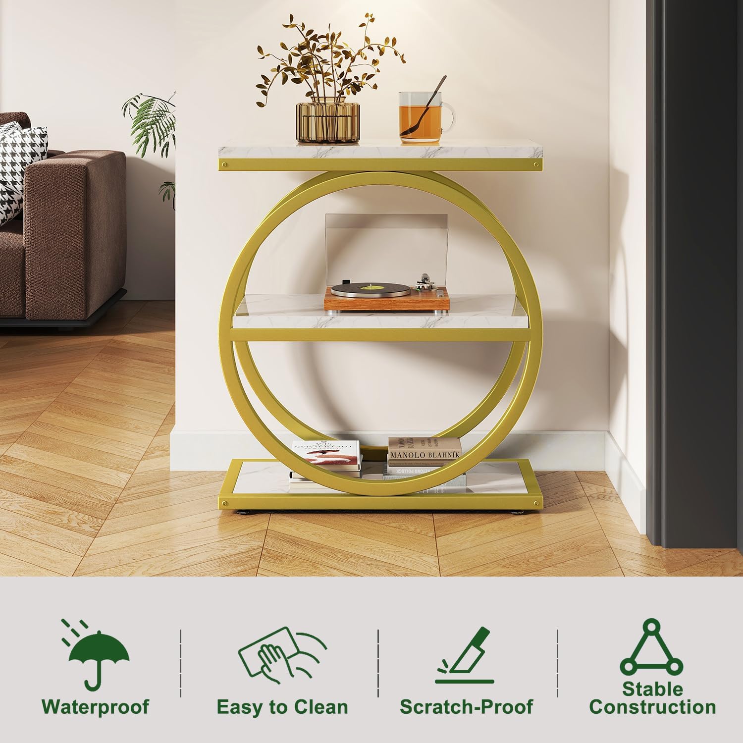 IBUYKE Narrow End Table with 3 Storage Shelves, Industrial Sofa Side Table, Double Round Metal Frames, Slim Nightstand and Bedside Table for Bedroom, Living Room, White with Gold UTMJ418G