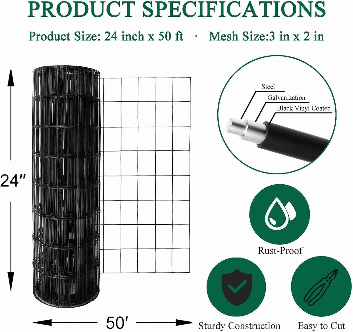 Black PVC Coated Welded Wire Fence 24 Inch x 50 Foot, 2 Inch x 3 Inch 16GA, Garden Border Fencing Roll Vinyl Coating Metal Wire Mesh for Yard Vegetable Plant Protection Poultry Netting