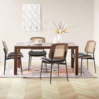 Rattan Dining Room Chairs Set of 4,Mid Century Black PU Leather Kitchen Chairs,Upholstered Seat Metal Legs Chair with Adjustable Foot Pads,Walnut Armless Side Chair