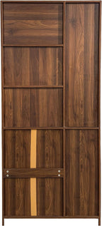 Walnut Kitchen Hutch Cabinet, Farmhouse Buffet Sideboard with Coffee Bar | Slide out tray, clear glass doors, open microwave counter, large bottom drawer, tall pantry cupboard, storage unit