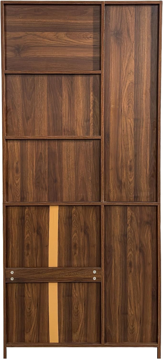 Walnut Kitchen Hutch Cabinet, Farmhouse Buffet Sideboard with Coffee Bar | Slide out tray, clear glass doors, open microwave counter, large bottom drawer, tall pantry cupboard, storage unit