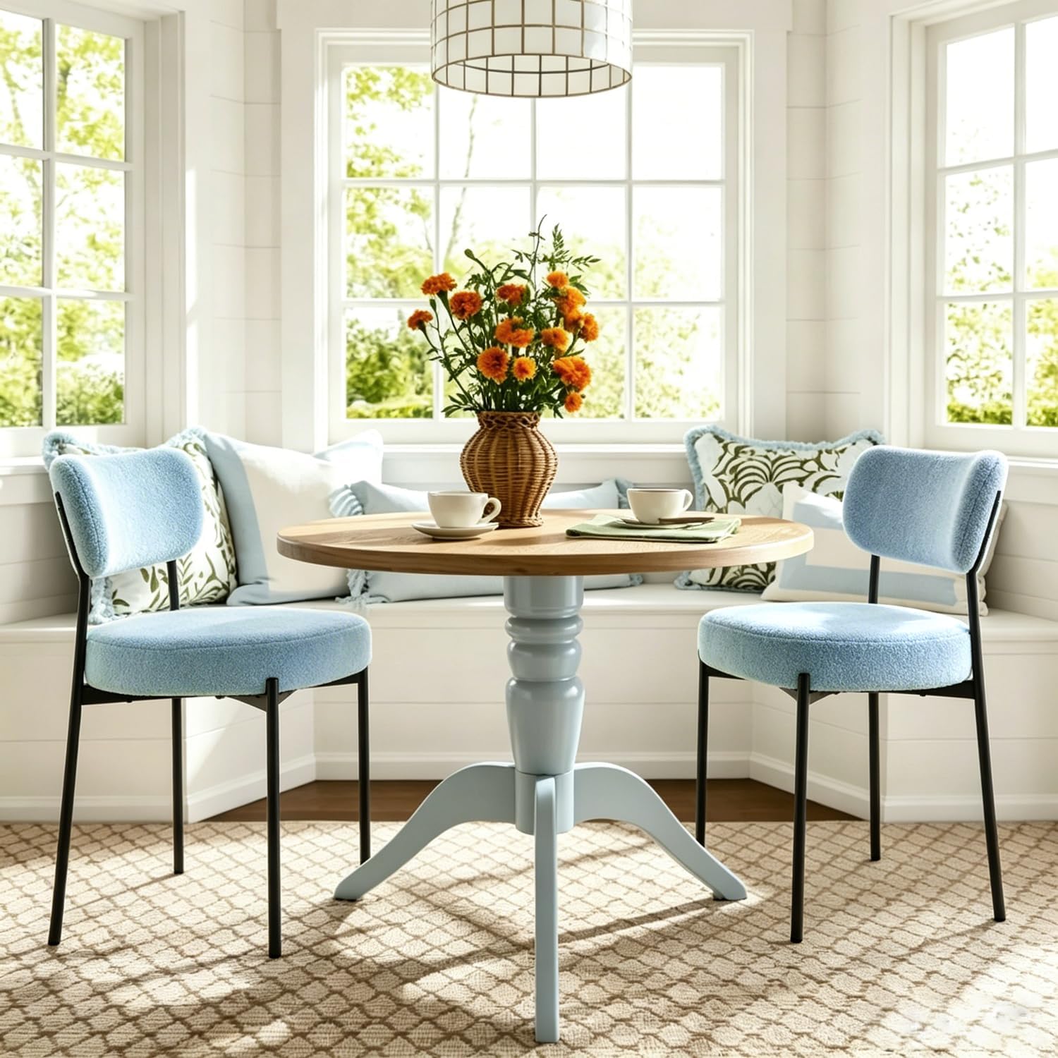 Blue Boucle Dining Chairs Set of 2, Mid Century Modern Dining Room Chair with Curved Backrest & Metal Legs, Round Upholstered Dining Chairs for Kitchen, Living Room
