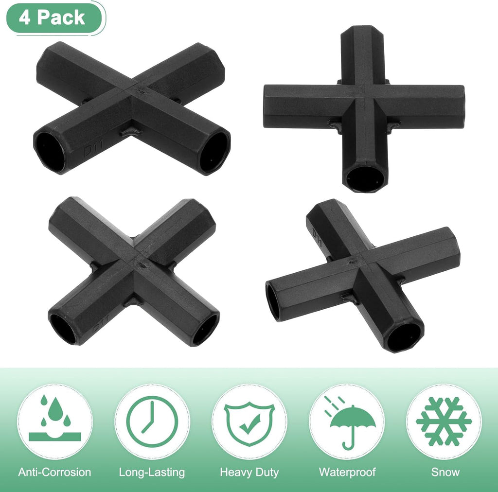 12 Pcs 11mm Greenhouse Frame Building Connectors, 4 Way Flat Pipe Fitting for Grape Trellis/Sunscreen Shed/Gardening Plant Stakes, Greenhouse Accessories [Black]