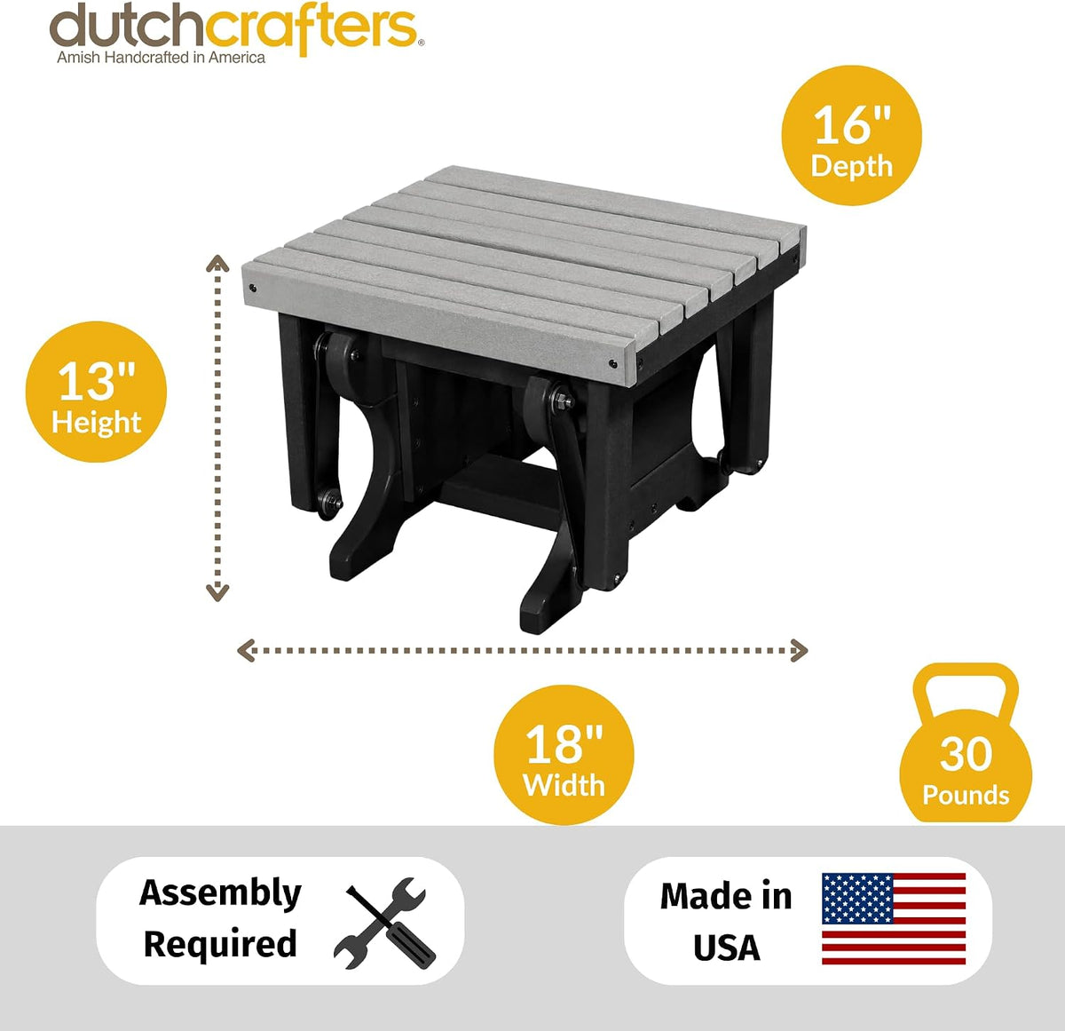 DutchCrafters Ottoman – Amish Made, HDPE Outdoor, Weather Resistant Patio Footrest Furniture for Porch, Deck & Backyard Relaxation, Weatherwood & Black