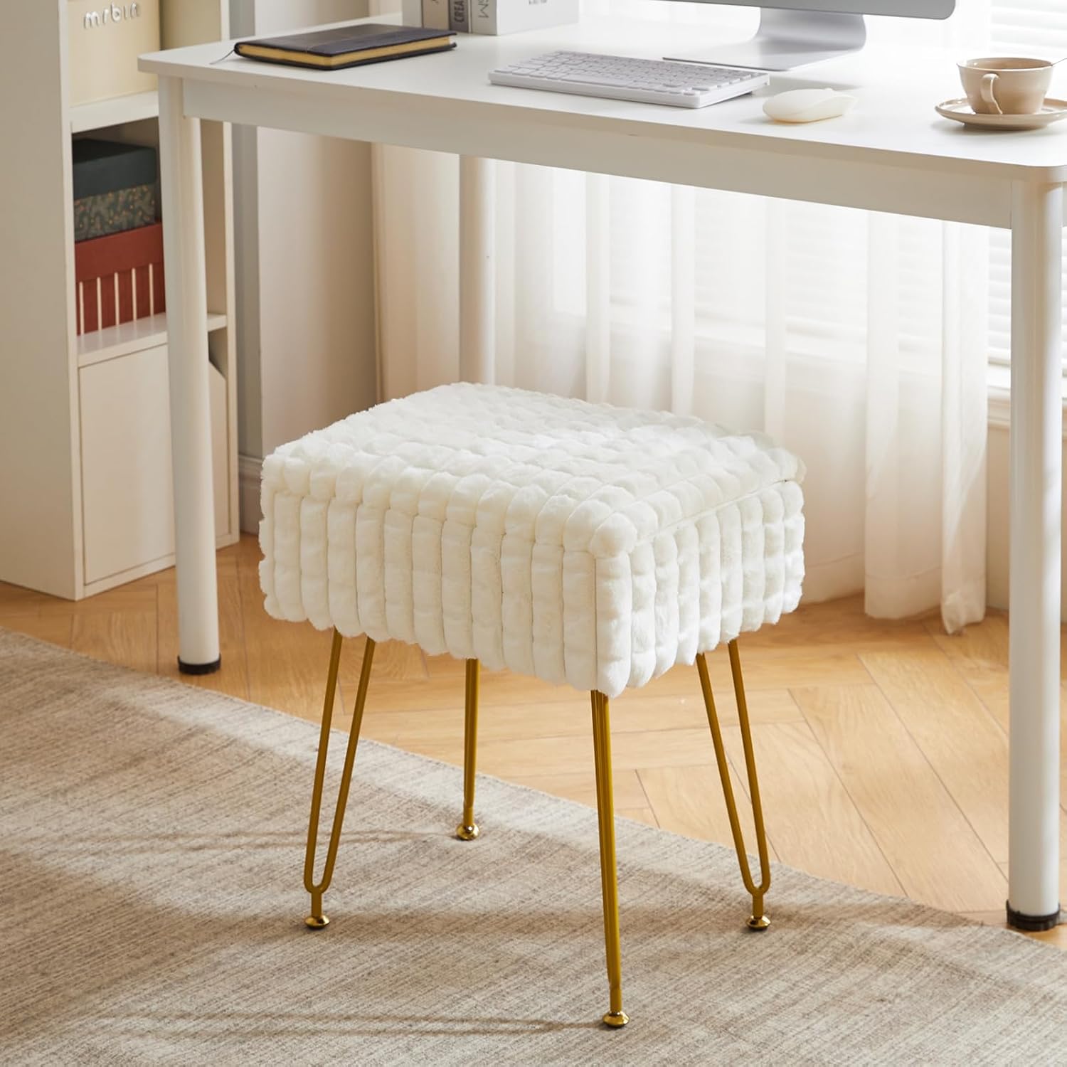 IBUYKE Rectangle Vanity Chair Ottoman, Footrest Stool, White WBD004W | Storage Space Footstool Vanity Stool Dressing Table Chair Anti-Slip Feet Makeup Room Bedroom Square Grid Pattern