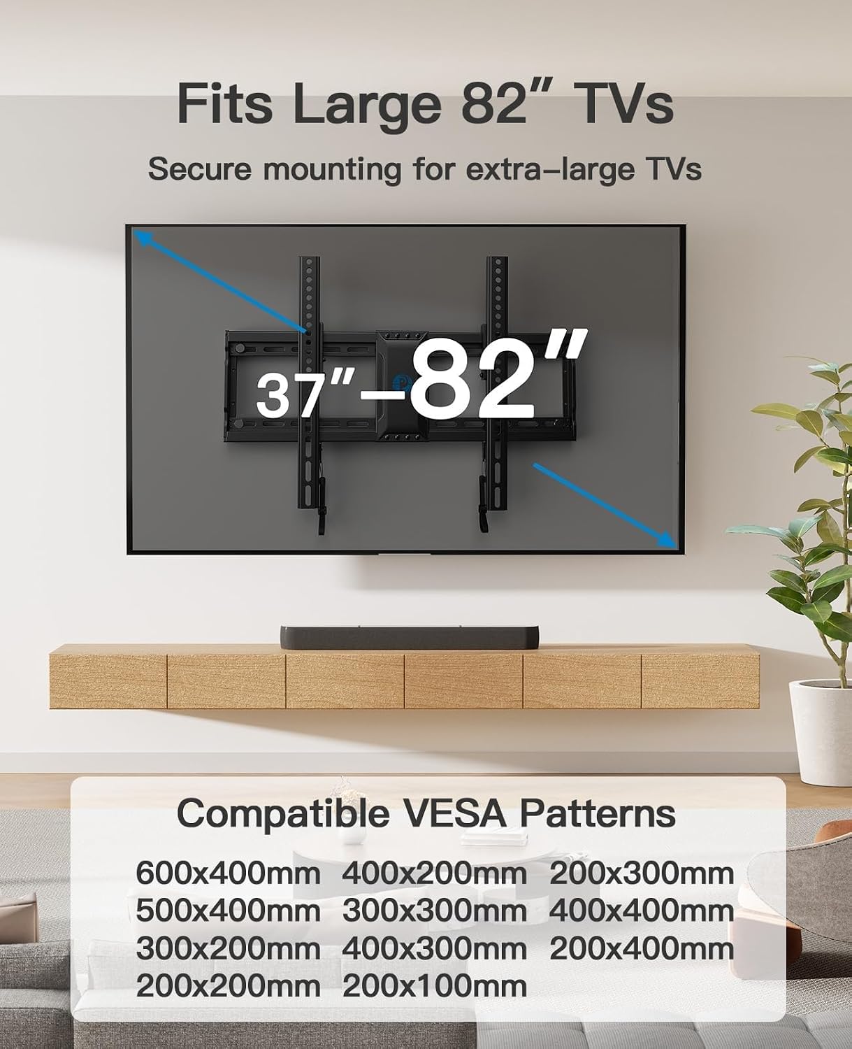 Pipishell Tilt TV Wall Mount for 37–82 inch TVs up to 132 lbs | tilting tv mount, fits 12″-24″ wood studs, 1.5″ low profile, 8° tilt, quick lock & release pull cord, max VESA 600x400mm