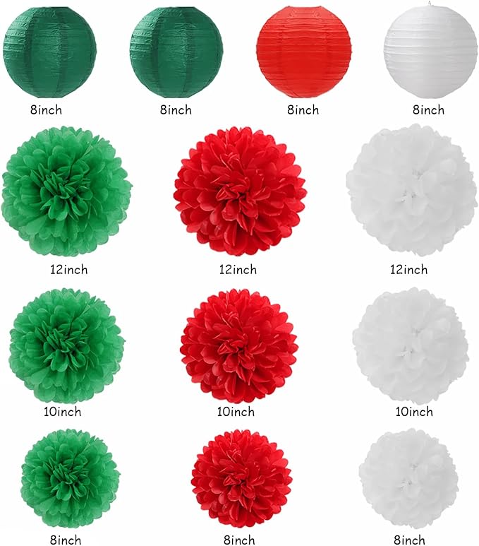 Red Green-White Christmas Party Decorations - 20pcs Mexican Italian Paper Lanterns Fans,Tissue Pom Poms,Honeycomb Balls,Bunting,Birthday Mexico Italy Baby Shower Wedding Decor Burgleda