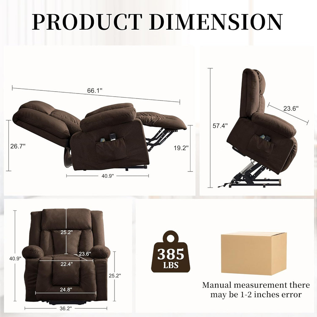 Korser Dual Motor Power Lift Recliner Chair for Elderly with Massage and Heat, Oversized Electric Recliner with Side Pockets, Living Room, Waffle, Brown