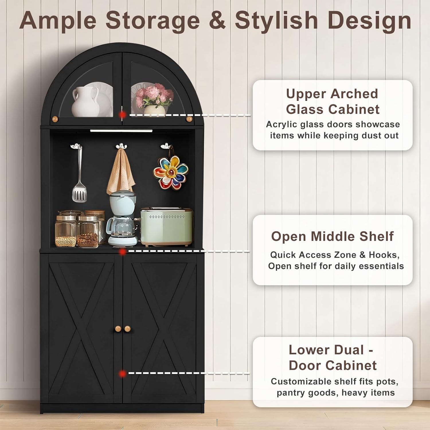 71" Tall Arched Kitchen Pantry Cabinet, Farmhouse Storage Cabinet with LED Light, Adjustable Shelves & Glass Door, Versatile Cupboard for Kitchen, Dining Room, Bathroom