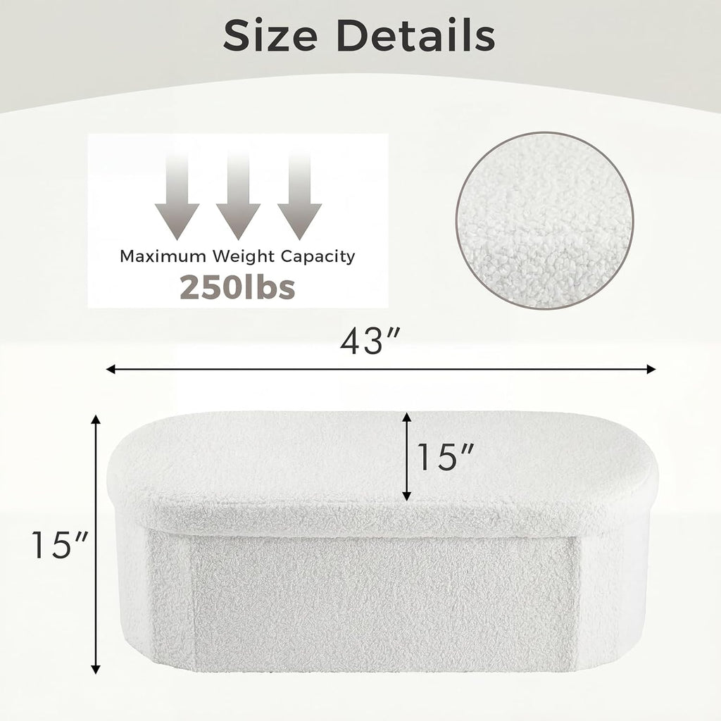 DUMOS Ottoman Bench End of Bed, 43 Inch Ottoman with Storage, Foot Rest Bench Stool with Cushion, Oval Round Folding Storage Chest for Bedroom, Living Room, Entryway, Dorm, Teddy Fabric, White