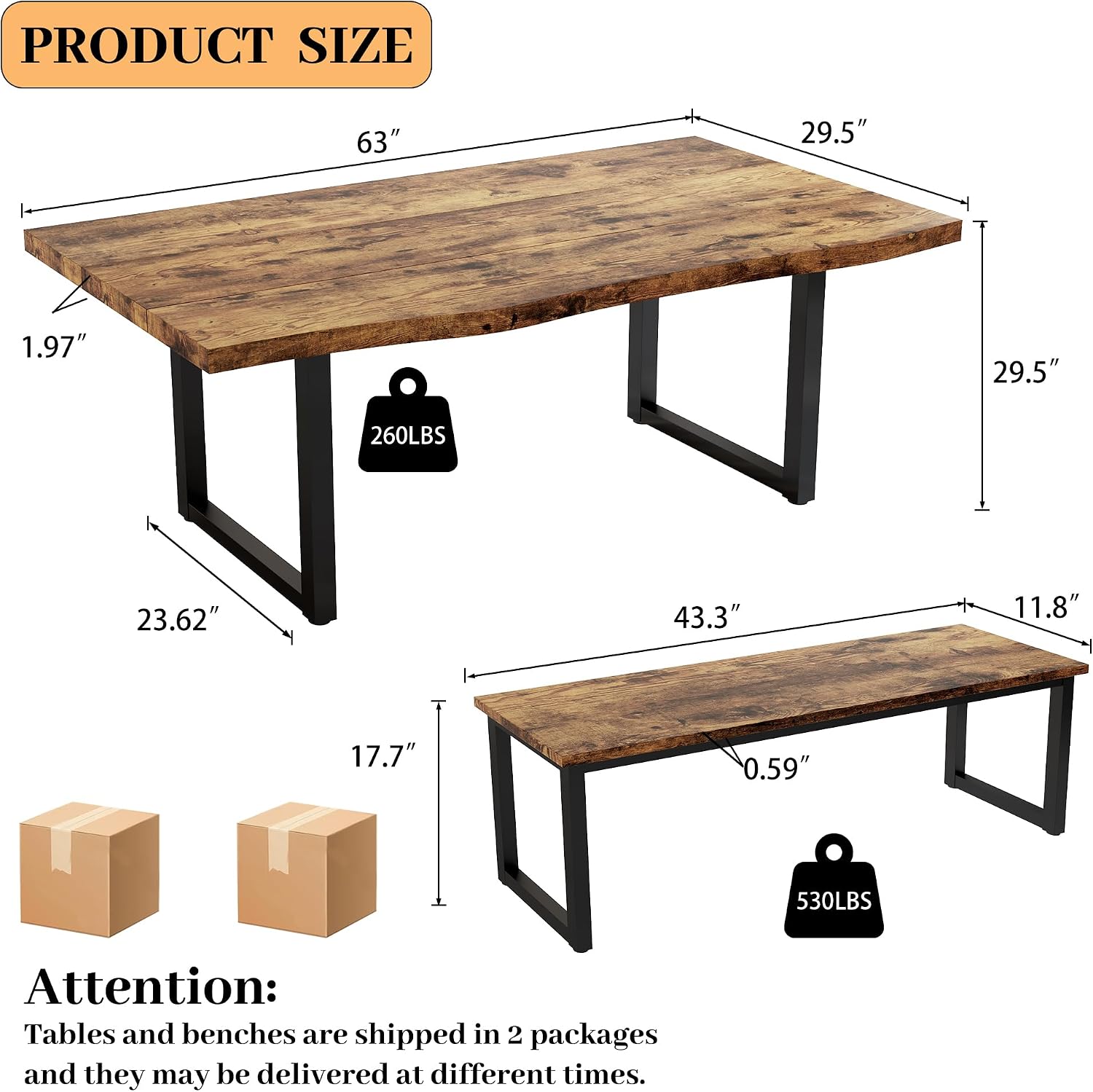HIPIHOM 63" Dining Table with 2 Benches, Modern Kitchen Table and Chairs Set for 4, Thickened MDF Wooden Table for Kitchen, Dining Room, Office