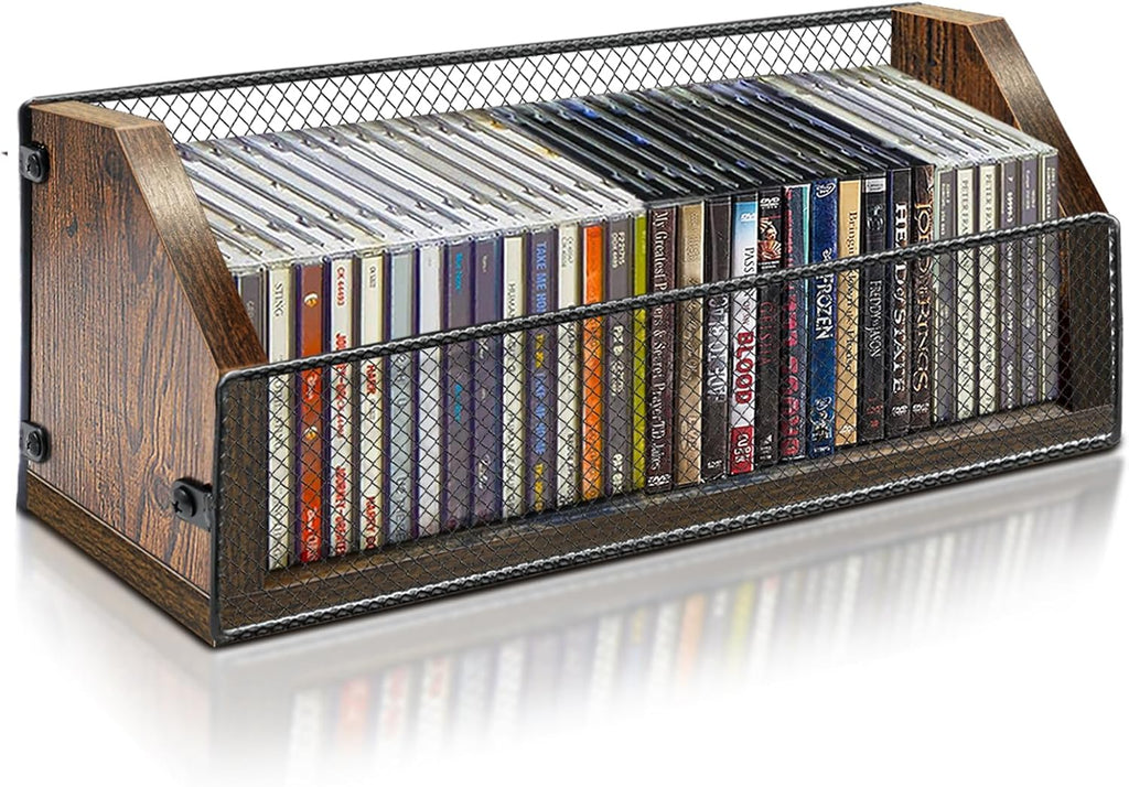 CD Storage Rack, Wooden CD Organizer Holds 32 CDs, Retro CD Shelf for Desktop, Perfect for DVD, Blu ray & Video Game Cases, Space Saving