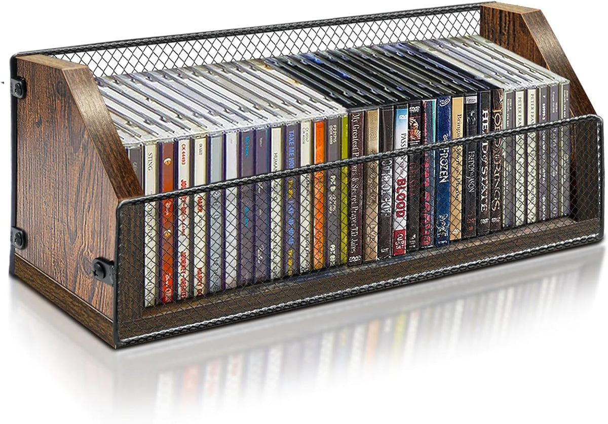 CD Storage Rack, Wooden CD Organizer Holds 32 CDs, Retro CD Shelf for Desktop, Perfect for DVD, Blu ray & Video Game Cases, Space Saving