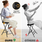 TAVR Folding Chair, Tall Folding Bar Chair with Backrest & Safety Lock, Portable PU Leather Counter Chair for Kitchen, Balcony, Camping, Fishing & Indoor Outdoor Use