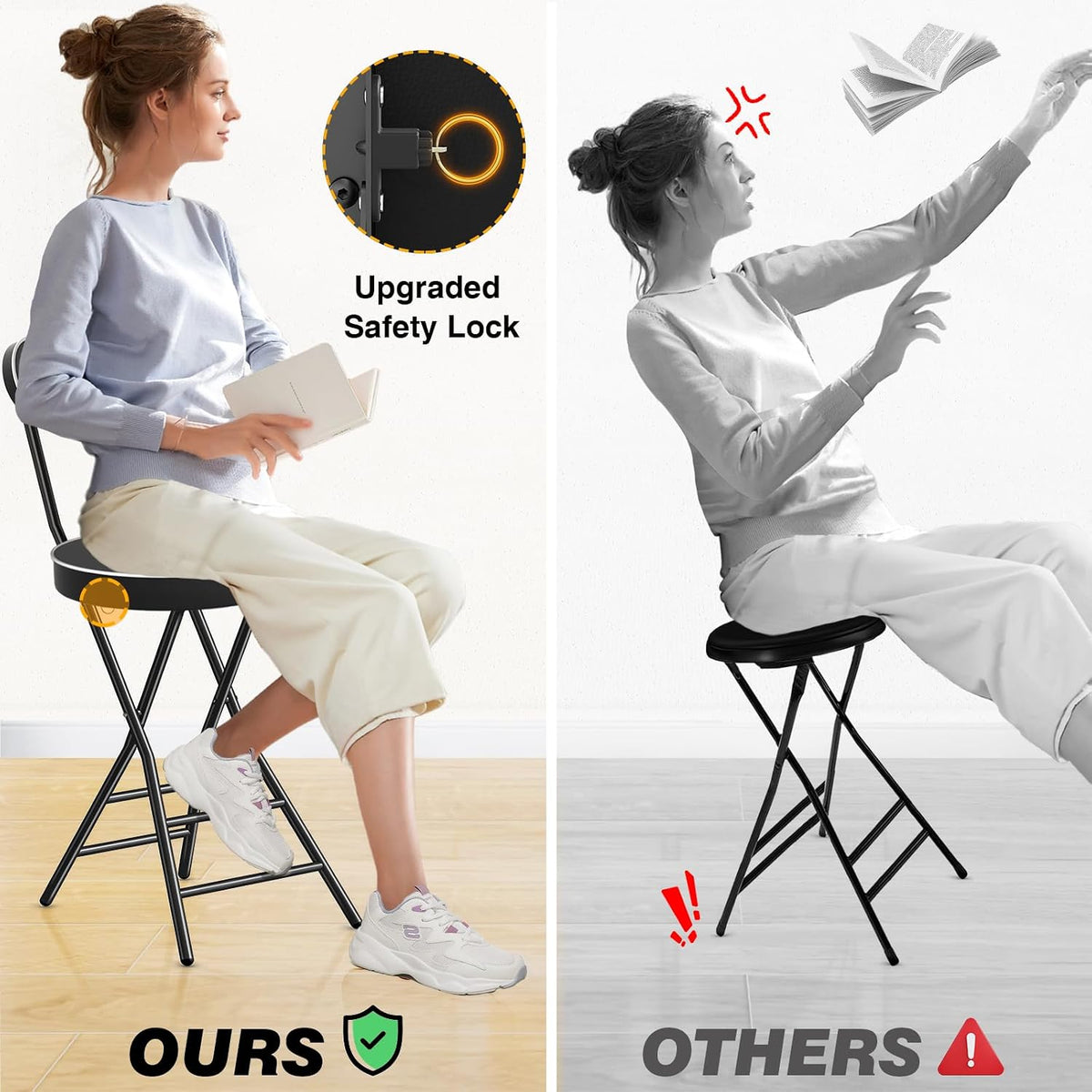 Folding Stool with Back Support, 24 Inch Portable Collapsible Bar Stool | with Padded Seat, Cushioned Foldable Chair for Kitchen, Camping, Adults & Indoor Outdoor Use