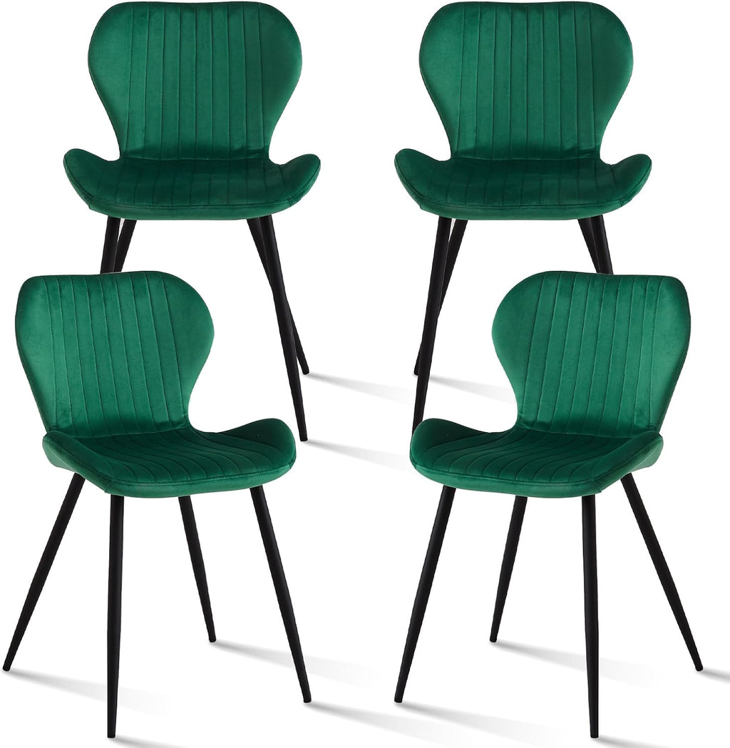 Green Velvet Dining Chairs Set of 4, Ergonomic Kitchen Chairs | Modern Upholstered Dining Chairs, Vertical Striped Enclosed Side Chair with Curved Backrest & Metal Legs for Living Room