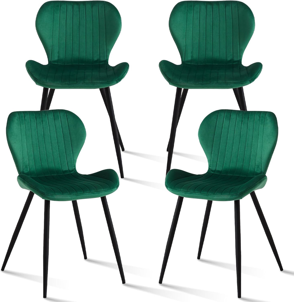 Green Velvet Dining Chairs Set of 4, Ergonomic Kitchen Chairs | Modern Upholstered Dining Chairs, Vertical Striped Enclosed Side Chair with Curved Backrest & Metal Legs for Living Room