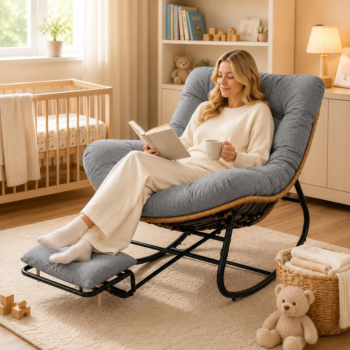 Oversized Rocking Chair with Zero-Gravity Foot Rest & Ottoman, Comfy Lounge Chair for Patio, Porch, Balcony, Indoor Reading Nook, Big Cozy Chaise Chair for Outdoor & Home Use, Grey