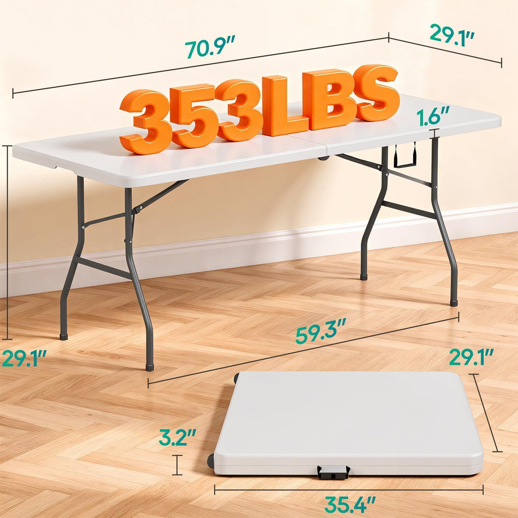 FDW | 6FT Folding Table | White | Portable Plastic Table | with Carry Handle | Waterproof & Foldable Table Design | Steel Frame with Lock | for Events, Camping, Indoor & Outdoor Use