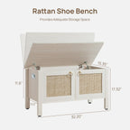SICOTAS Rattan Shoe Rack Bench with Lift Top Storage: White Farmhouse Boho Shoe Cabinet Entryway Bench with Safety Hinges, Wooden Storage Chest for Bedroom, Entryway, Hallway, Living Room