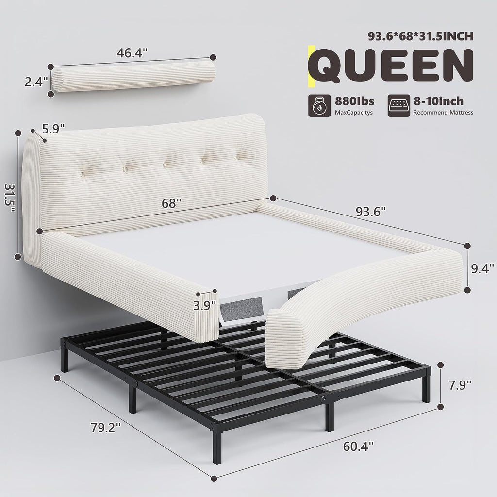 Homkdom Queen Cloud Bed Frame with 360 Cushioned Foam, White