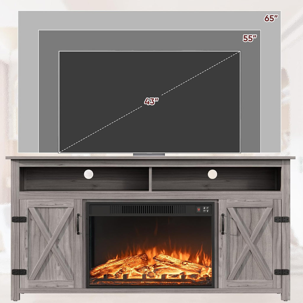 JUMMICO Fireplace TV Stand for TVs Up to 65+ Inch with 26" Fireplace(Grey) | Open Storage Shelves and Side Cabinets, Entertainment Center with Barn Doors, Media TV Console for Living Room