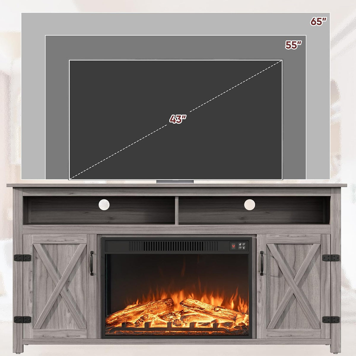 JUMMICO Fireplace TV Stand for TVs Up to 65+ Inch with 26" Fireplace(Grey) | Open Storage Shelves and Side Cabinets, Entertainment Center with Barn Doors, Media TV Console for Living Room