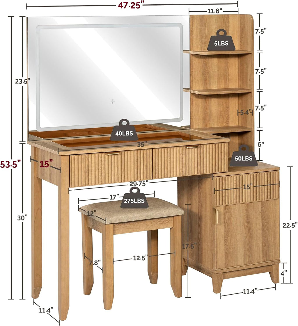 Vanity Desk with Stool, Mirror and Lights 3 Color, Makeup Vanity with Power Outlet, Dressing Table with Drawers, Storage Shelves, Adjustable Brightness, Naturel