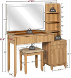 Vanity Desk with Stool, Mirror and Lights 3 Color, Makeup Vanity with Power Outlet, Dressing Table with Drawers, Storage Shelves, Adjustable Brightness, Naturel