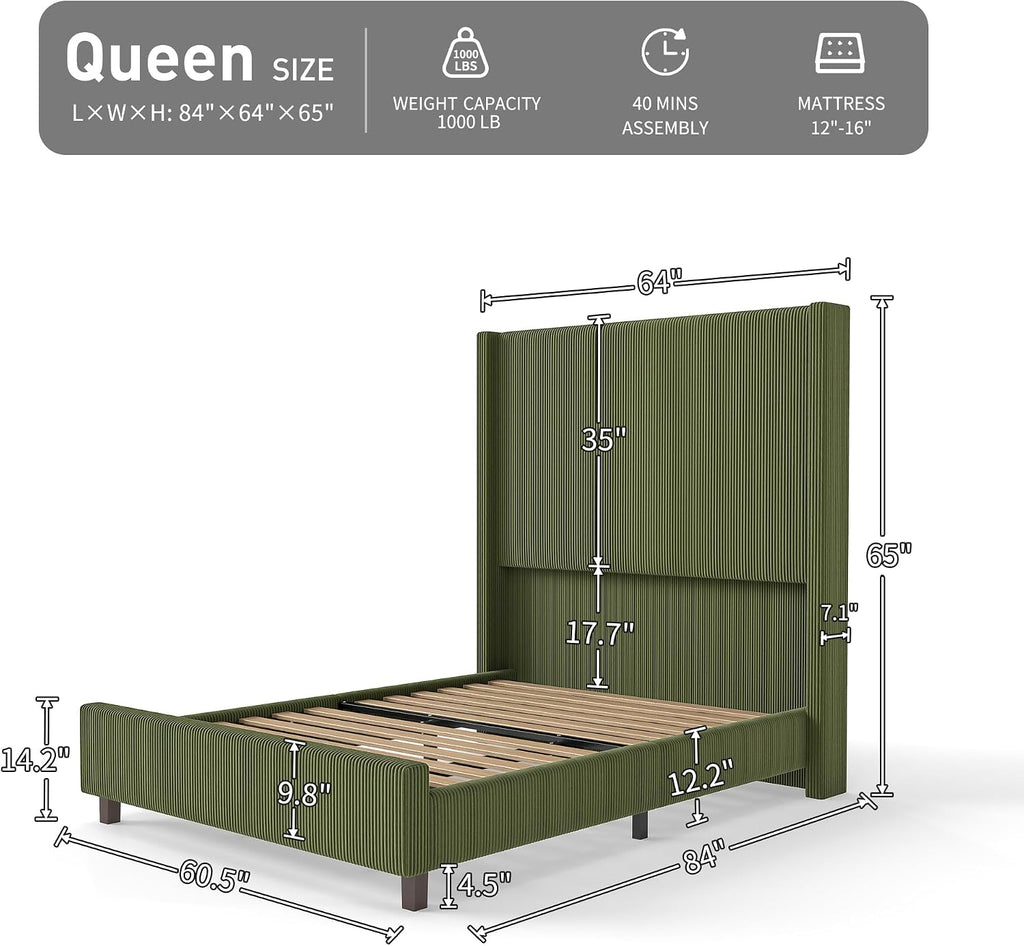 Queen Size Corduroy Upholstered Bed Frame with 65" Tall Headboard,USB Charging Station,Soft Washable Corduroy Cover with Wingback Headboard, Solid Wood Legs/Noise-Free/No Box Spring Needed/Green