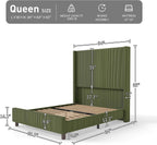 Queen Size Corduroy Upholstered Bed Frame with 65" Tall Headboard,USB Charging Station,Soft Washable Corduroy Cover with Wingback Headboard, Solid Wood Legs/Noise-Free/No Box Spring Needed/Green