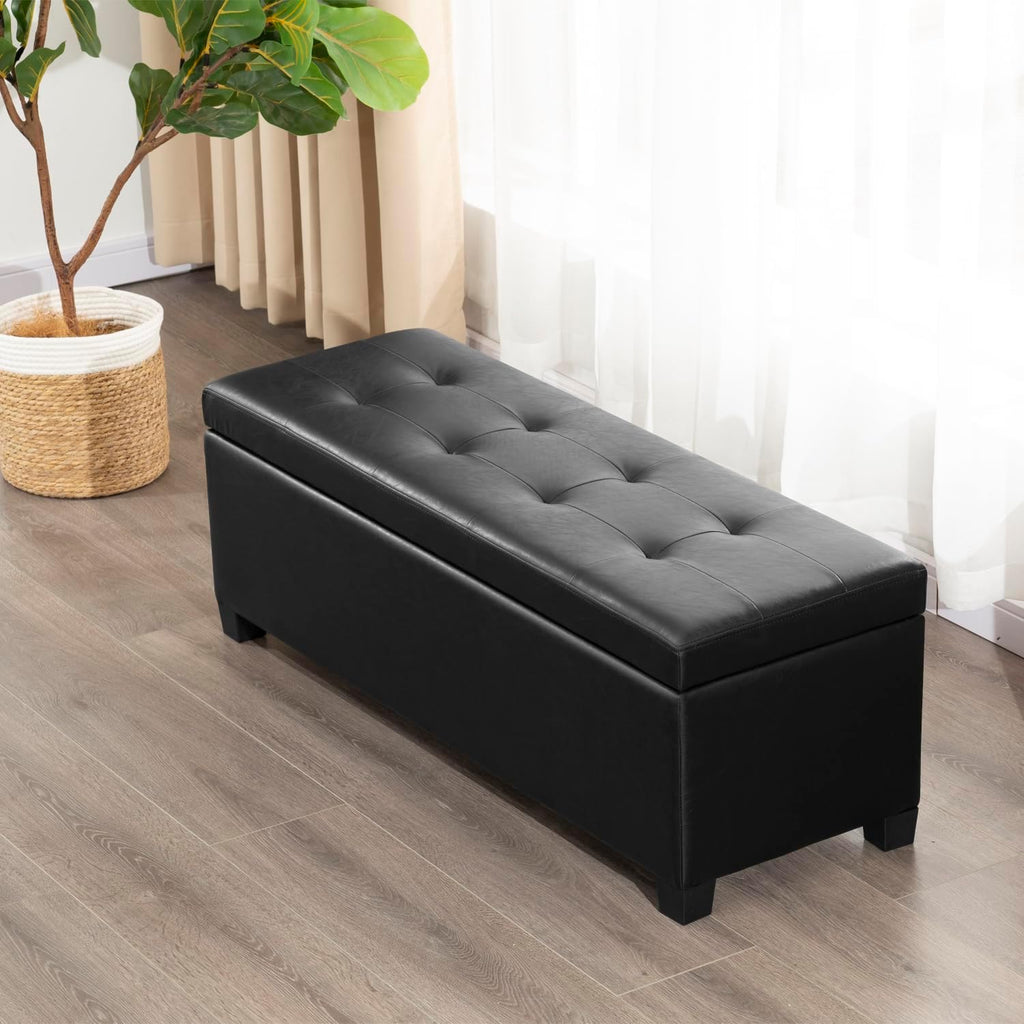 Asense Storage Ottoman Bench,42 inch Wide Upholstered Faux Leather Rectangular Ottoman with Legs,Safety Hinge Storage Bench for Living Room,Bedroom,Entryway