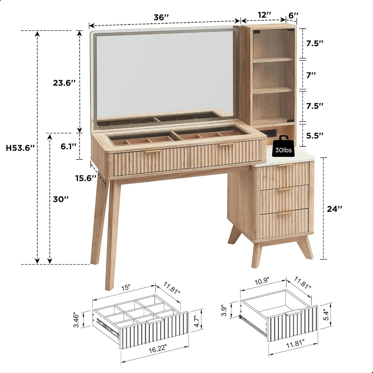 T4TREAM 48" Fluted Makeup Vanity Desk with 36" Lighted Mirror, Oak | Smart LED Mirror, Visible Glass Top, 5 Drawers & Adjustable Shelves, Charging Station, Bedroom Makeup Storage