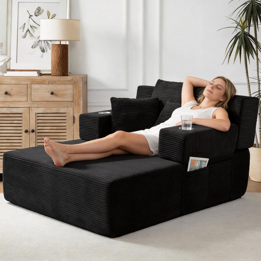70"Chaise Lounge Chair, Oversized Chair & 2 Cup Holder 4 Pockets | Oversized Corduroy Lounge Chair Indoor Convertible, 3 Pillows, Deep Seat Sleeper Sofa Bed, Living Room, Reading, No Assembly