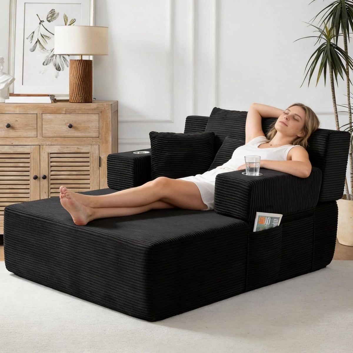 70"Chaise Lounge Chair, Oversized Chair & 2 Cup Holder 4 Pockets | Oversized Corduroy Lounge Chair Indoor Convertible, 3 Pillows, Deep Seat Sleeper Sofa Bed, Living Room, Reading, No Assembly