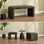 LukeAlon 3-Piece Nesting Ottoman Bench Set, 40.5" Wide Upholstered End of Bed Bench with 2 Small Stools Sherpa Comfy Entry Bench Vanity Stools Modern Arched Bench for Living Room Bedroom, Green