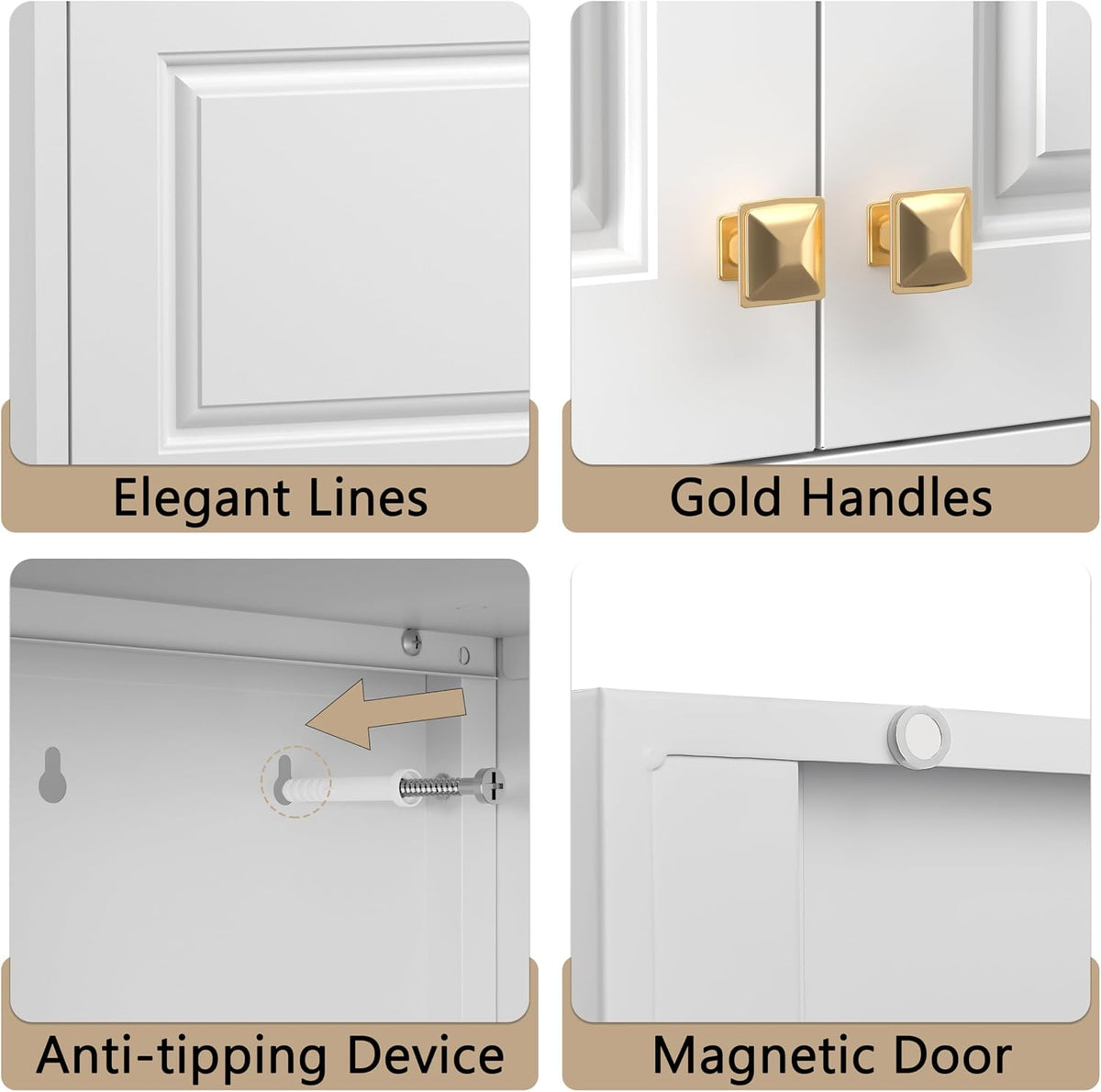32" Wall Storage Cabinet with 2 Doors & Gold Handles | Black Metal, Hanging Design, 16D x 32W x 15H, for Bathroom & Kitchen, Anti-Tip, Easy Assembly, Hardware Included