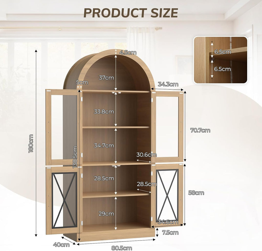 71” Tall Arched Kitchen Pantry with X-Pattern Glass Doors & RGB Lighting, Storage Cabinet Display Cabinet with Adjustable Shelves, Modern Pantry Cabinet for Kitchen, Living Room & Dining Room