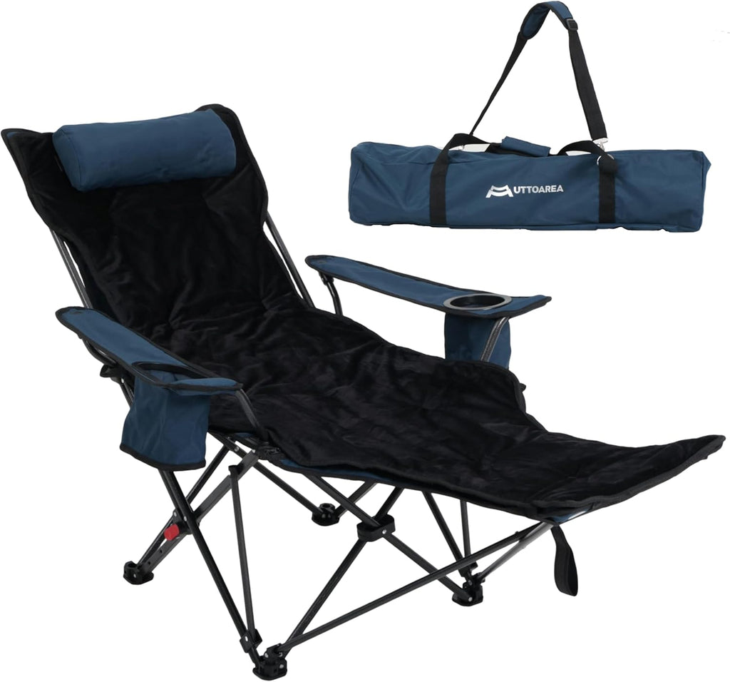 Portable Reclining Camping/Lounge Chair for Outdoor (1, Blue) | Soft Cushion, 4-Position Backrest, Removable Footrest, Cup Holder & Versatile Carry Bag