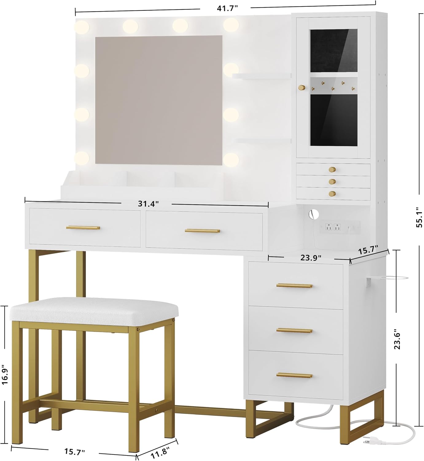 IRONCK Vanity Desk with Mirror and Lights, Jewelry Storage, White & Gold | Makeup Vanity Table with 5 Drawers & Shelves, Power Outlet, Vanity Stool, Dressing Table for Girls Bedroom