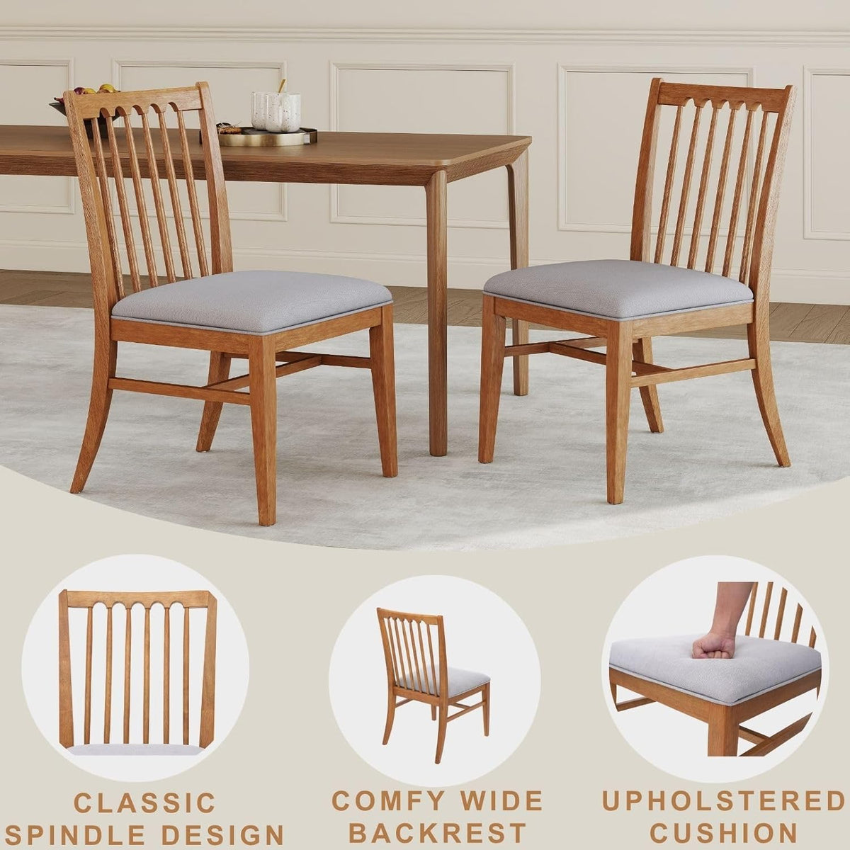 Wood Dining Chairs Set of 2, Upholstered Farmhouse Dining Room Chair, Chenille Armless Side Chair with Solid Rubberwood Legs, Rustic Wooden Kitchen Chair for Kitchen/Living Room, Grey