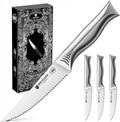 BRODARK Steak Knives Set of 4: 4.5 Inch Serrated Steak Knives - High Carbon Stainless Steel Kitchen Steak Knife Set - Never Need Sharpening - NSF Certified, Shark Series