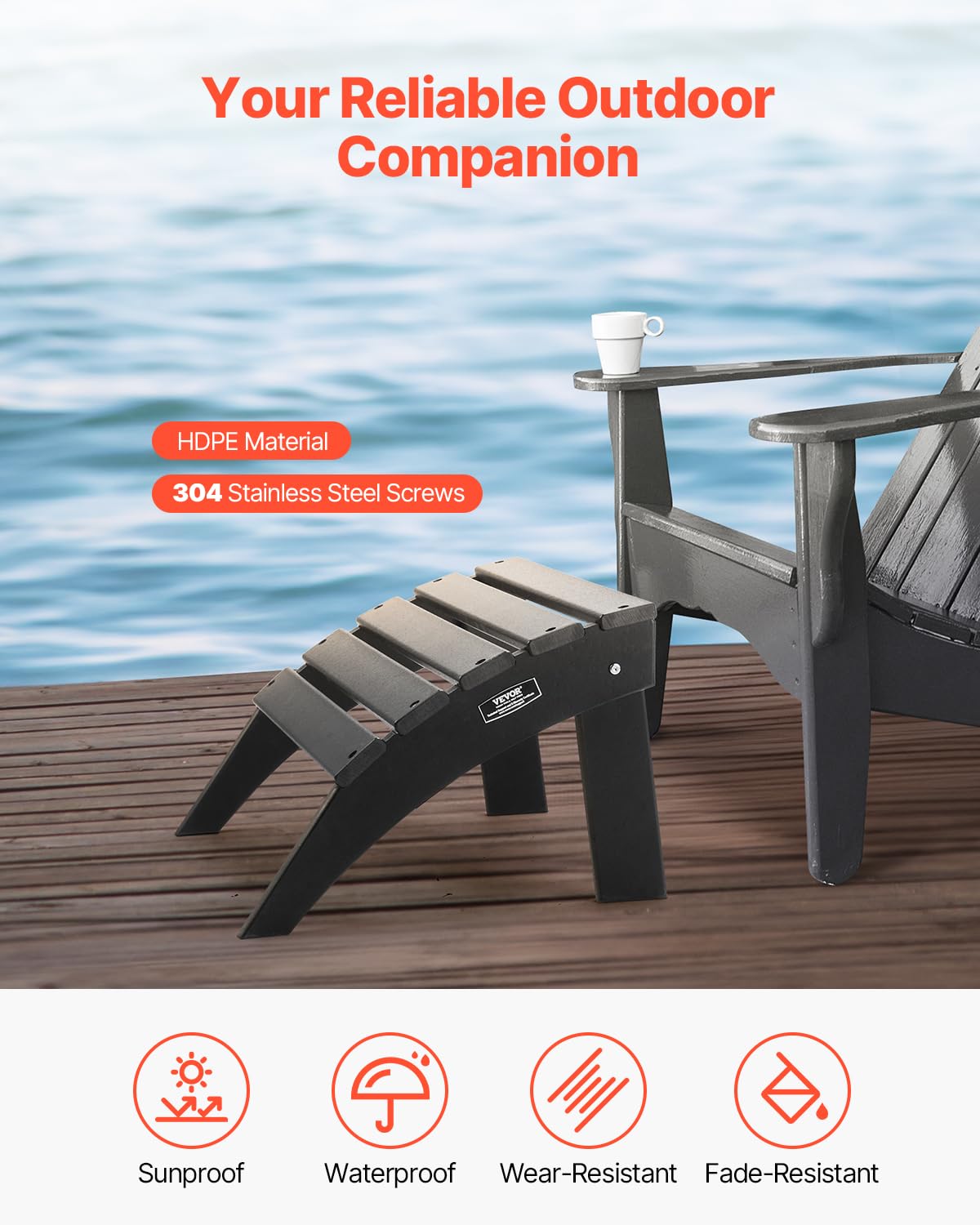 VEVOR Adirondack Ottoman, 18.7L x 19.7W x 13H Inch HDPE Plastic Folding Adirondack Ottoman, Weather-Resistant Foot Rest for Adirondack Chair, Widely Used for Outside Porch Pool Lawn Backyard, Black