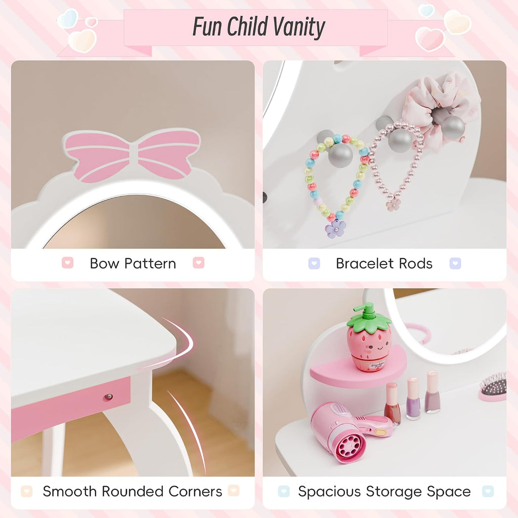 TOLEAD Girls Vanity Set with Lighted Mirror and Stool, Kids Vanity with Storage Space and Bow Pattern for Princess, Toddler Makeup Vanity Desk with Open Shelf and Bracelet Bods, White