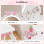 TOLEAD Girls Vanity Set with Lighted Mirror and Stool, Kids Vanity with Storage Space and Bow Pattern for Princess, Toddler Makeup Vanity Desk with Open Shelf and Bracelet Bods, White