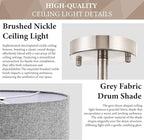 3-Light Semi Flush Mount Ceiling Light Fixture, 13" Modern Drum Light with Grey Fabric Shade, Close to Ceiling Lighting Hanging Lamps for Bedroom Living Room Dining Room Kitchen Hallway